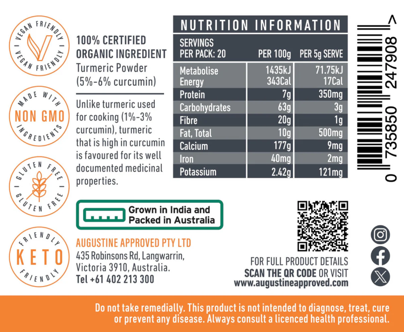 Augustine Approved Turmeric Powder 5-6% (certified organic) 100g